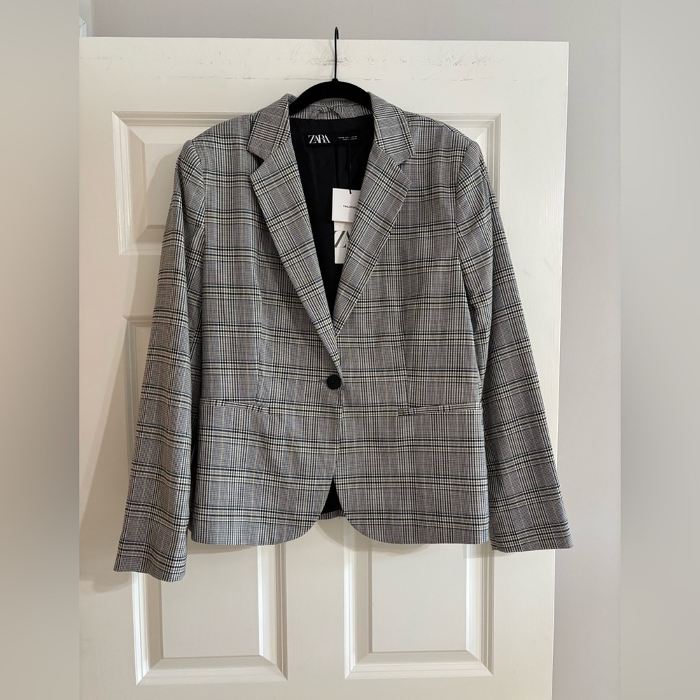 ZARA Glen Plaid Tailored Blazer in Black, White & Tan